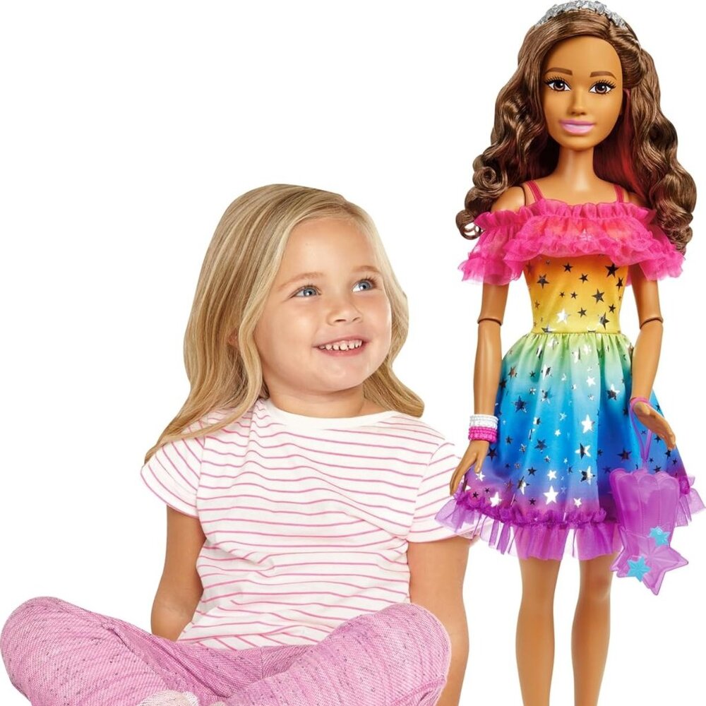 Barbie Large Doll w/ Brown Hair 28 Inches Tall w/ Rainbow Dress and Accessories